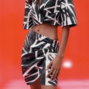 Zara Viral Palm Drape Asymmetrical Ruched Womens Mini Skirt White Brown Small